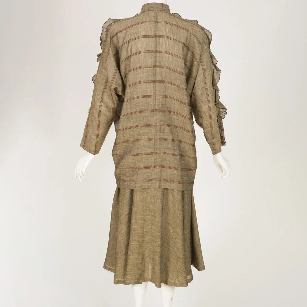 1980s Vintage Japanese Avant Garde Striped Beige Linen Tunic Top & Skirt Set - Picture 3 of 6